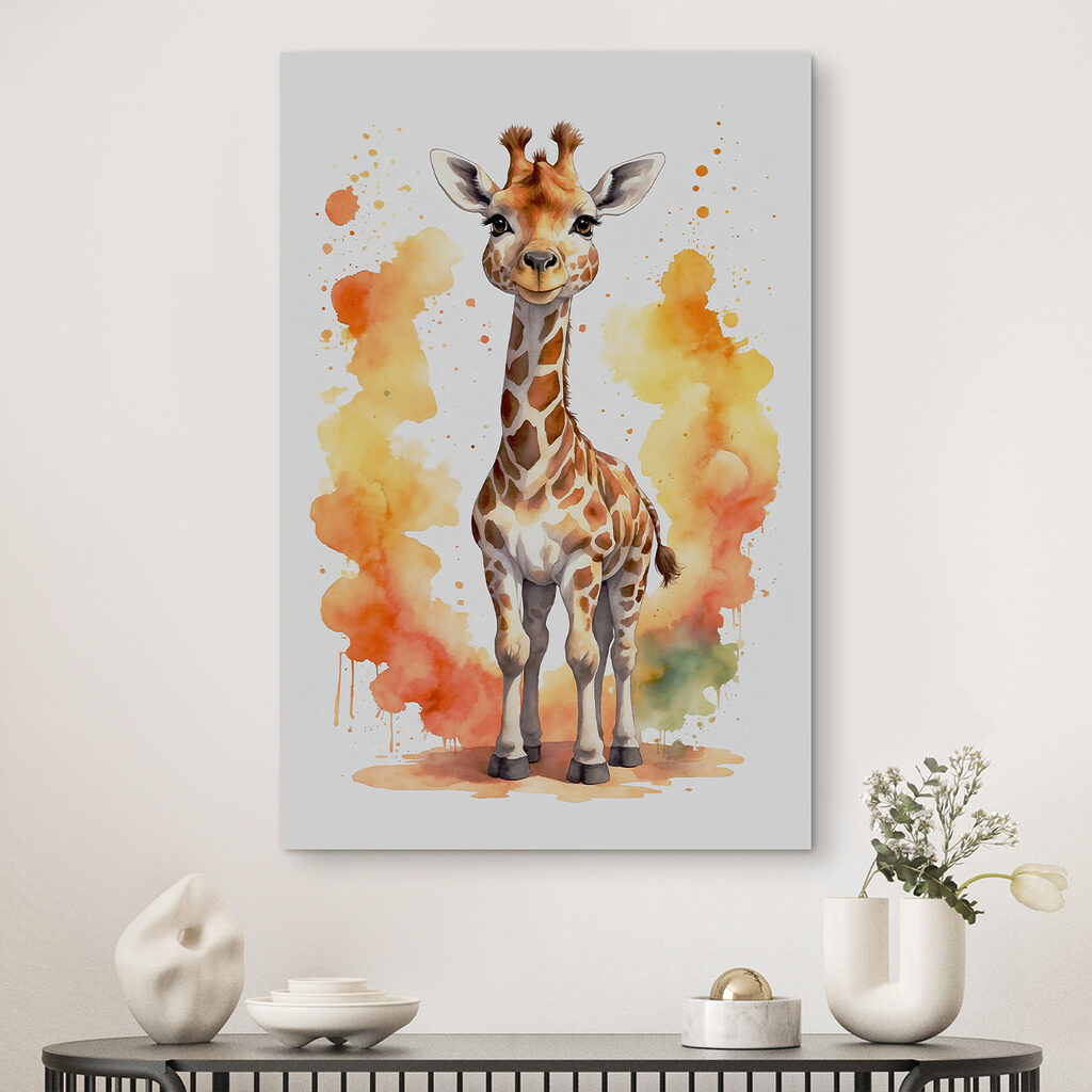 A giraffe standing in front of orange and yellow splashes A giraffe standing in front of orange and yellow splashes