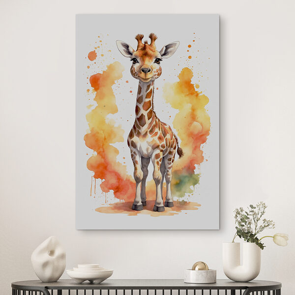 A giraffe standing in front of orange and yellow splashes A giraffe standing in front of orange and yellow splashes
