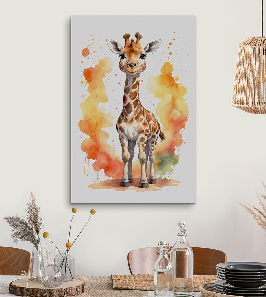 A giraffe standing in front of orange and yellow splashes A giraffe standing in front of orange and yellow splashes