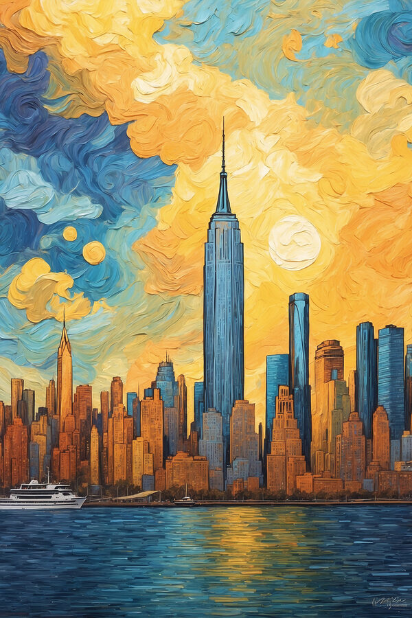 A painting of a city skyline A painting of a city skyline