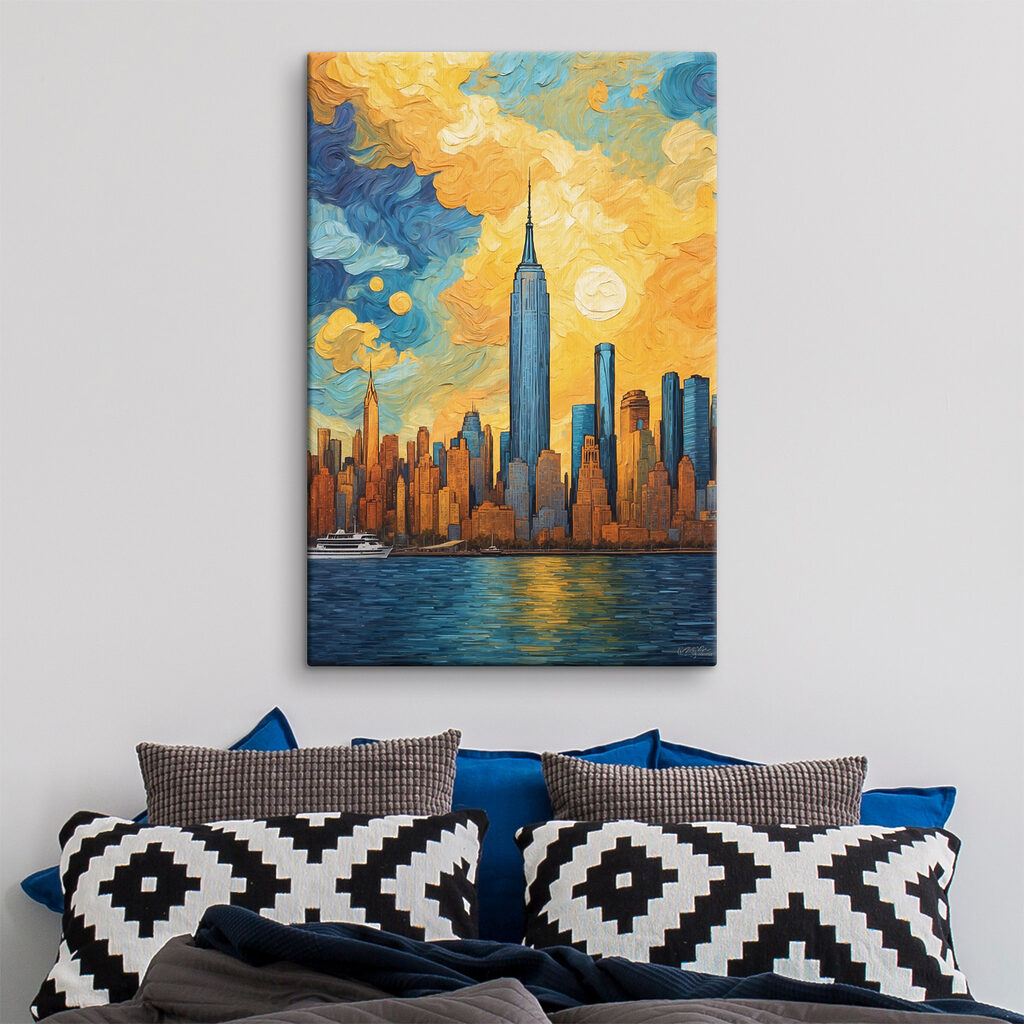 A painting of a city skyline A painting of a city skyline