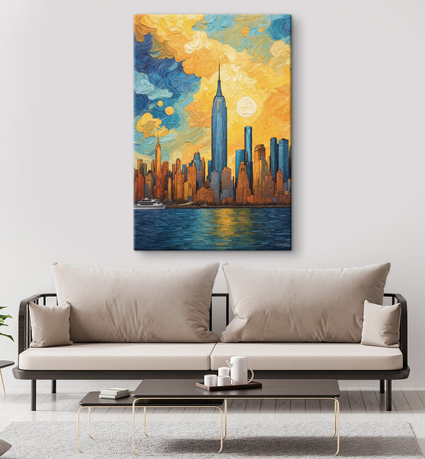 A painting of a city skyline A painting of a city skyline