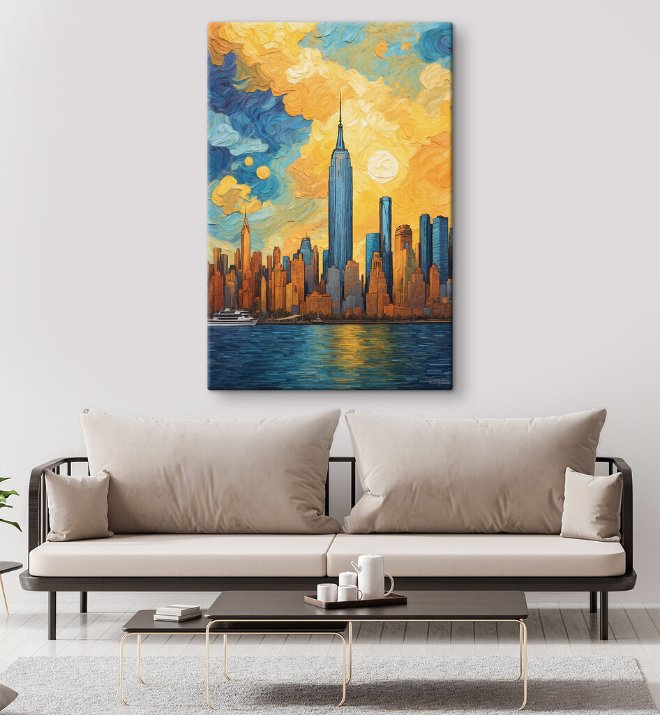 A painting of a city skyline A painting of a city skyline