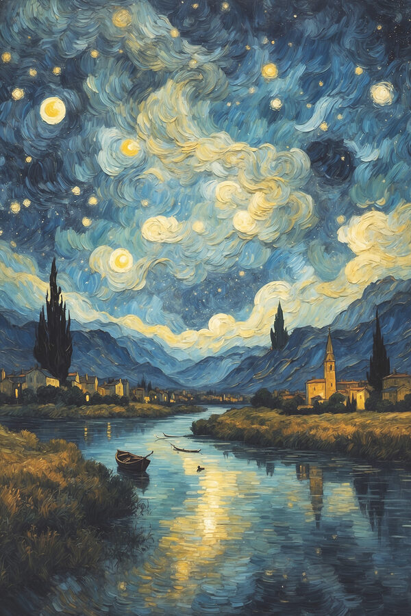 A painting of a town and a river