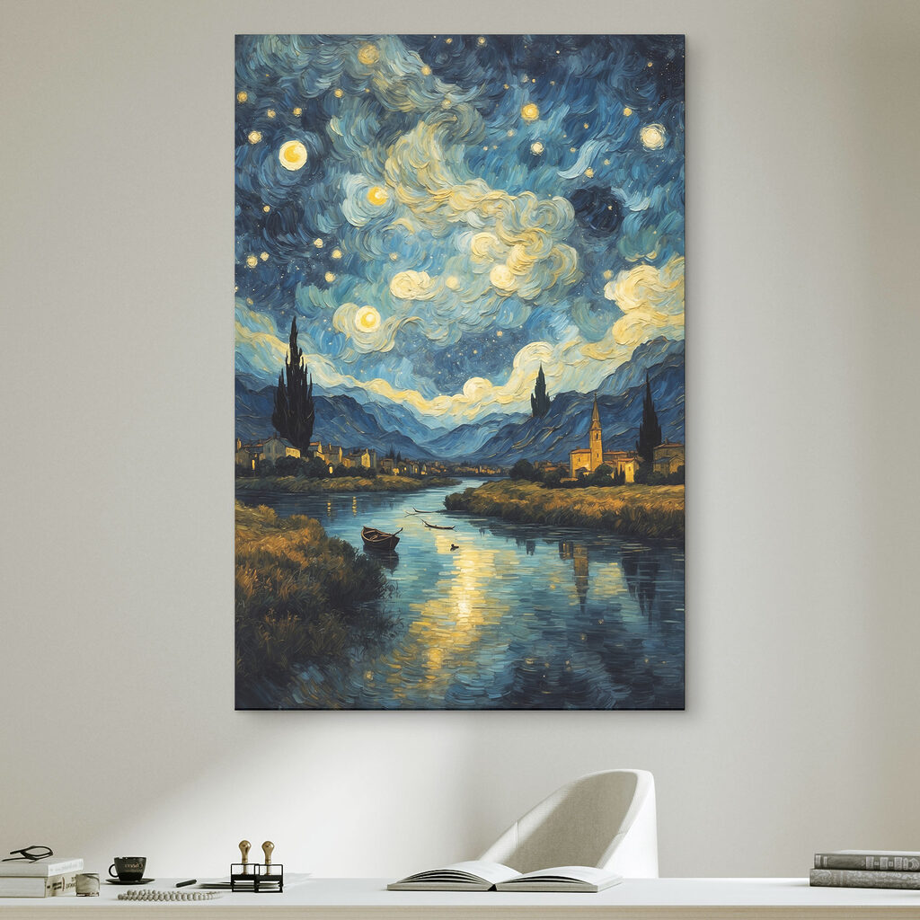A painting of a town and a river