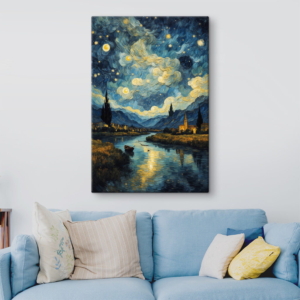 A painting of a town and a river