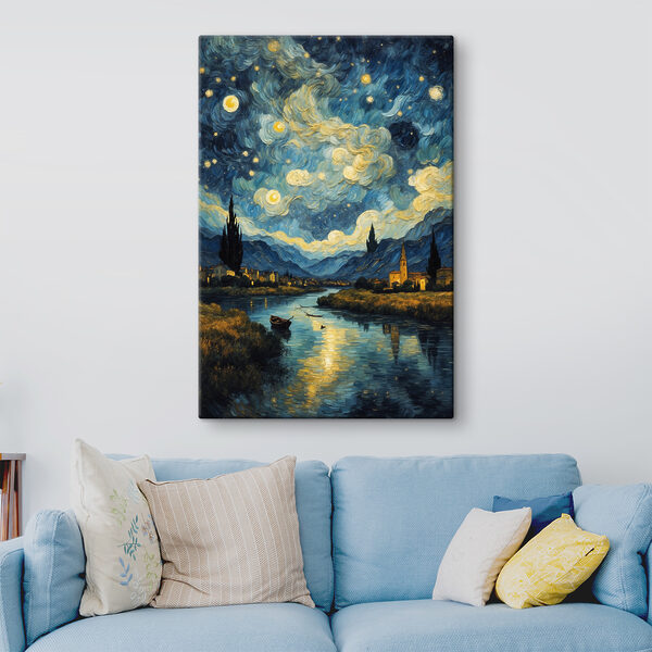 A painting of a town and a river