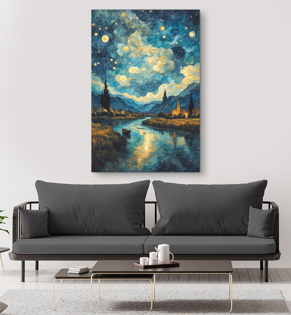 A painting of a town and a river