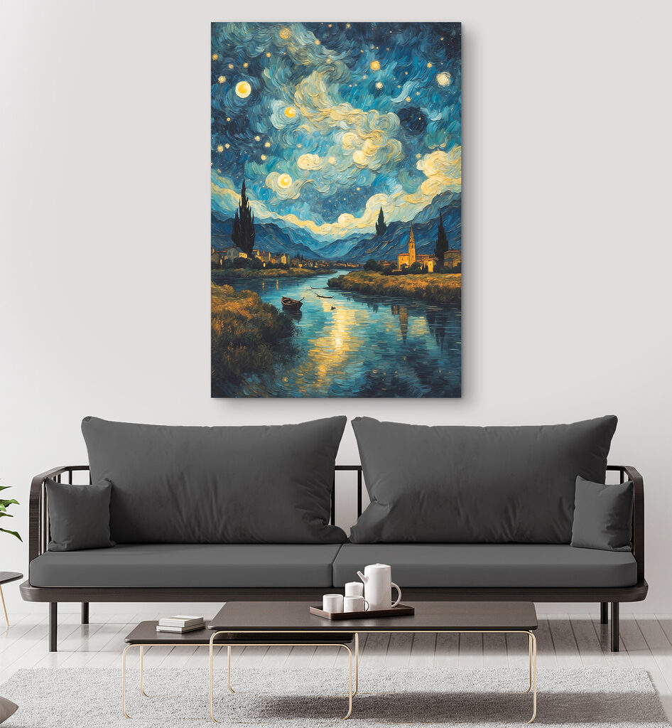 A painting of a town and a river