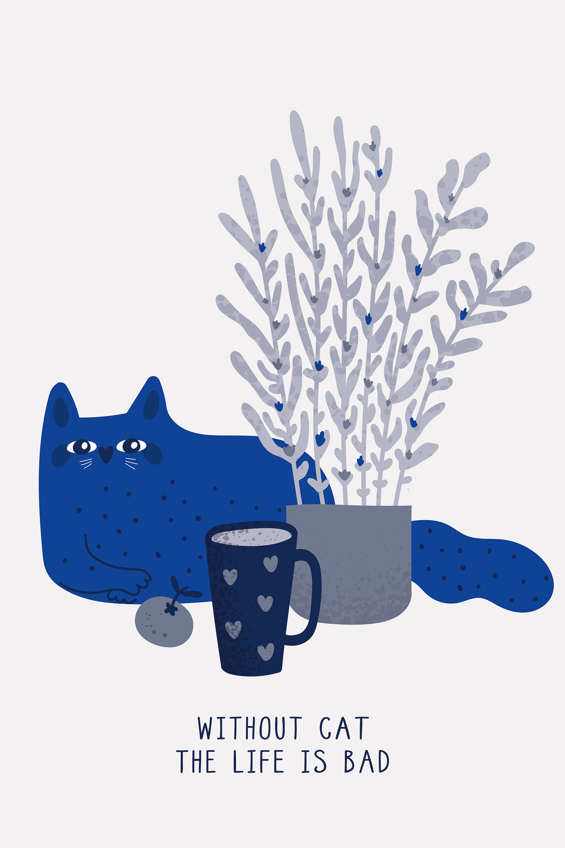 A cat sitting next to a cup and a plant