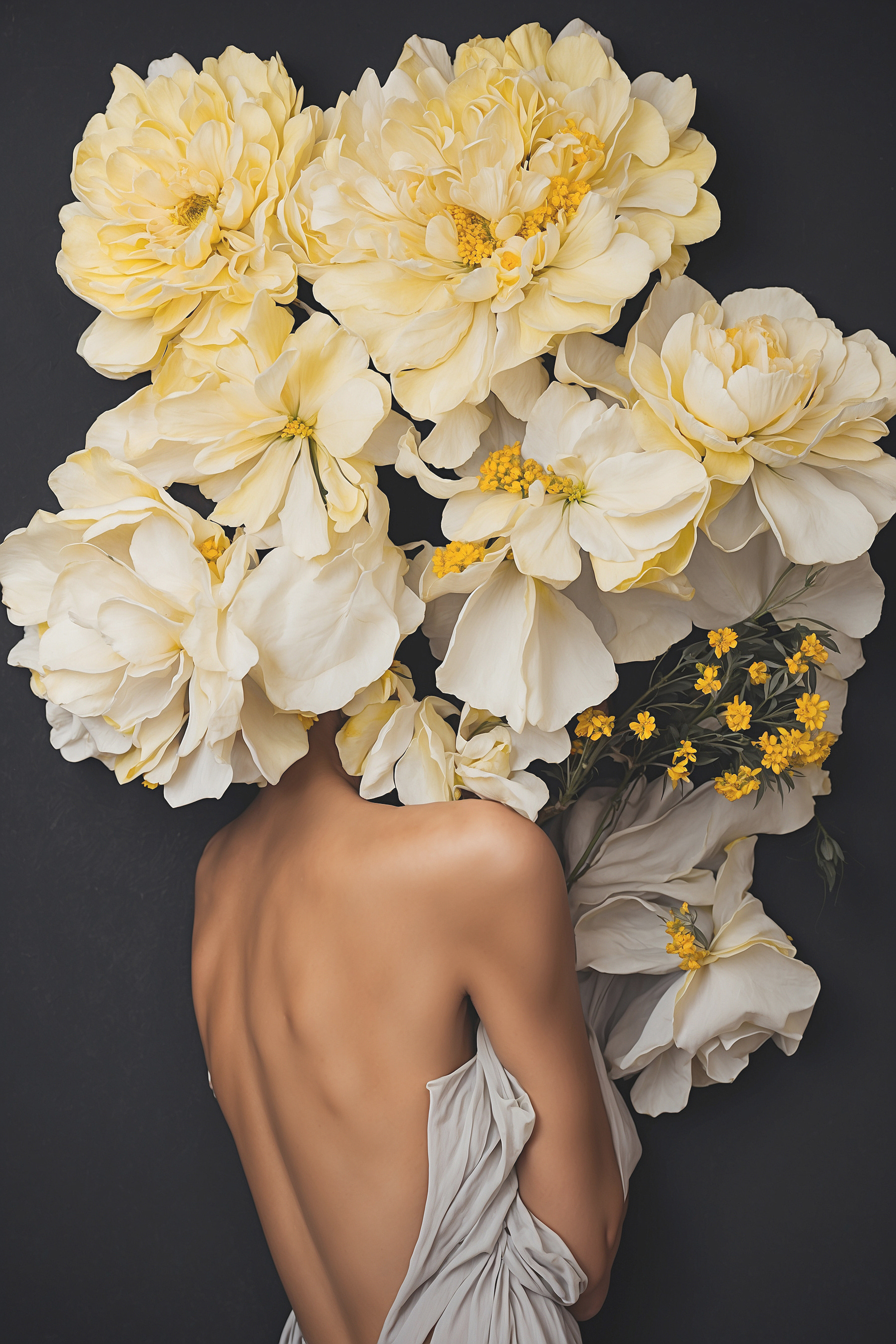 A woman with flowers over her head