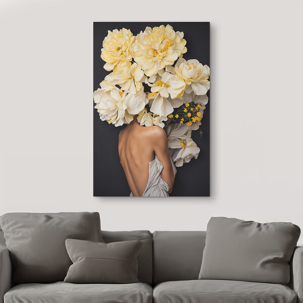 A woman with flowers over her head