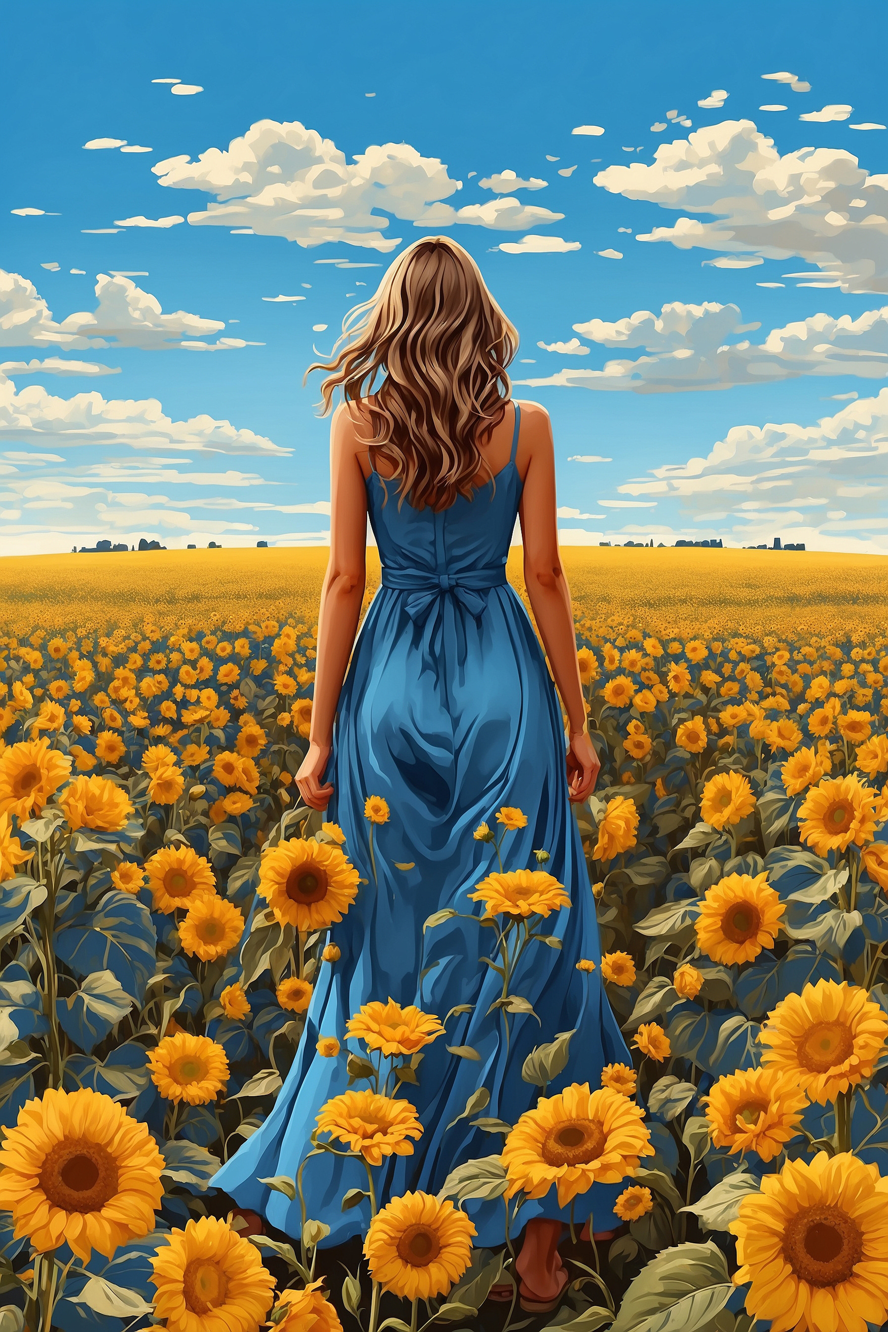 A woman in a blue dress in a field of sunflowers
