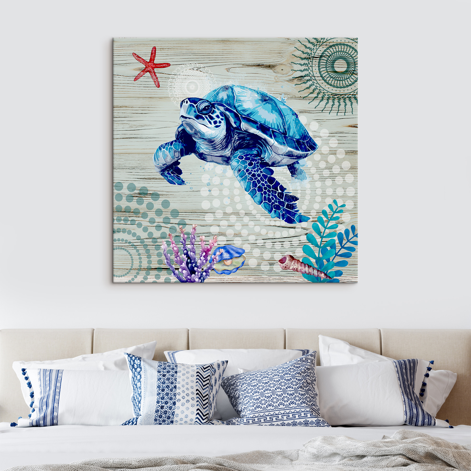 A blue sea turtle with corals and shells A blue sea turtle with corals and shells