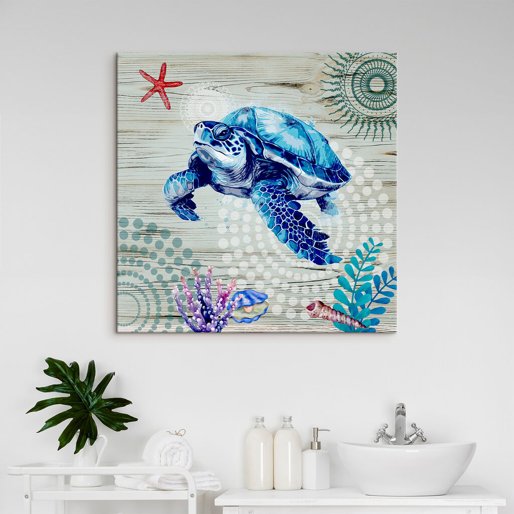 A blue sea turtle with corals and shells A blue sea turtle with corals and shells