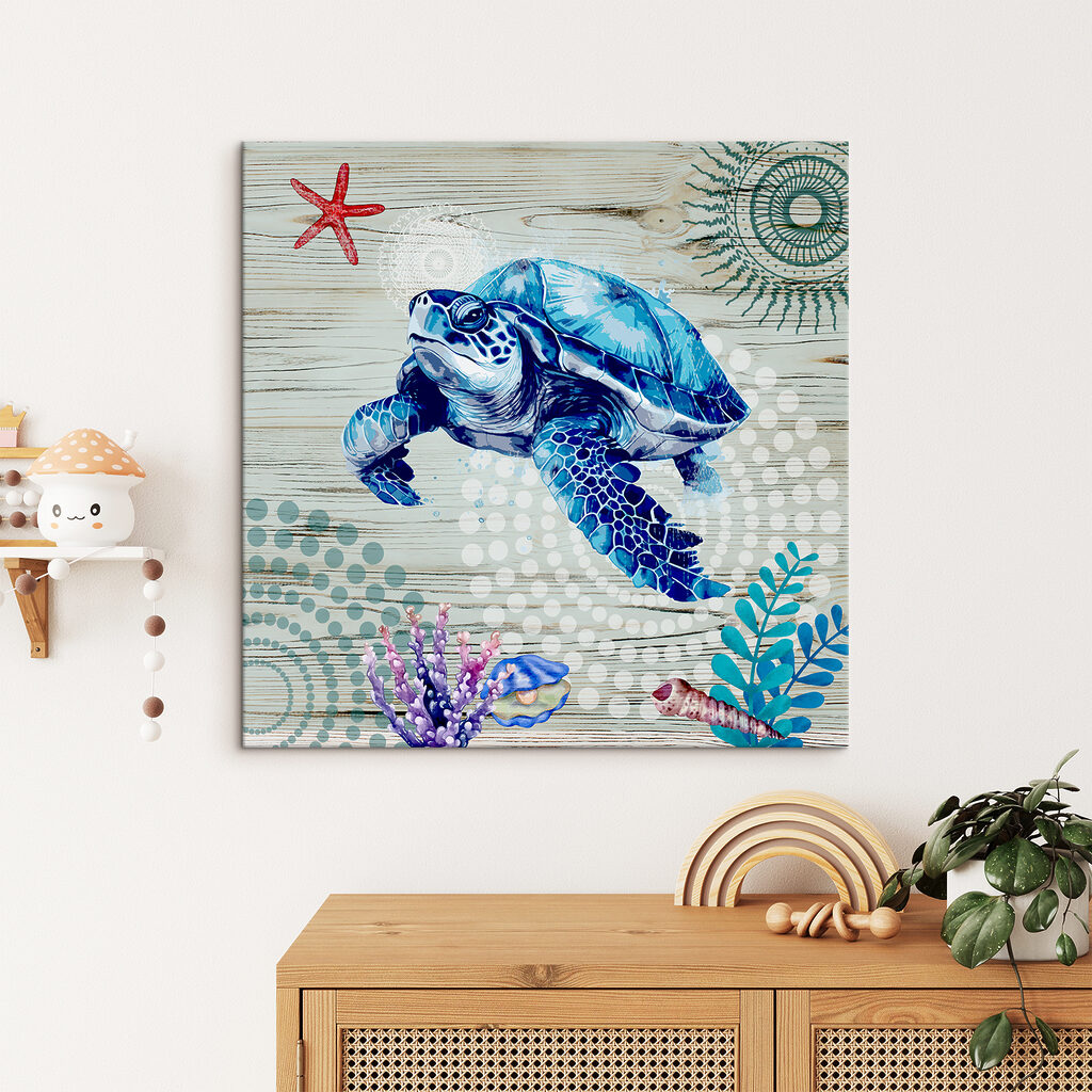 A blue sea turtle with corals and shells A blue sea turtle with corals and shells