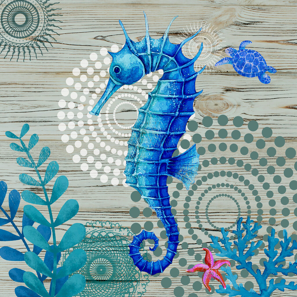 A blue seahorse and seaweed on a wood surface