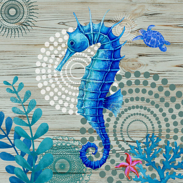 A blue seahorse and seaweed on a wood surface