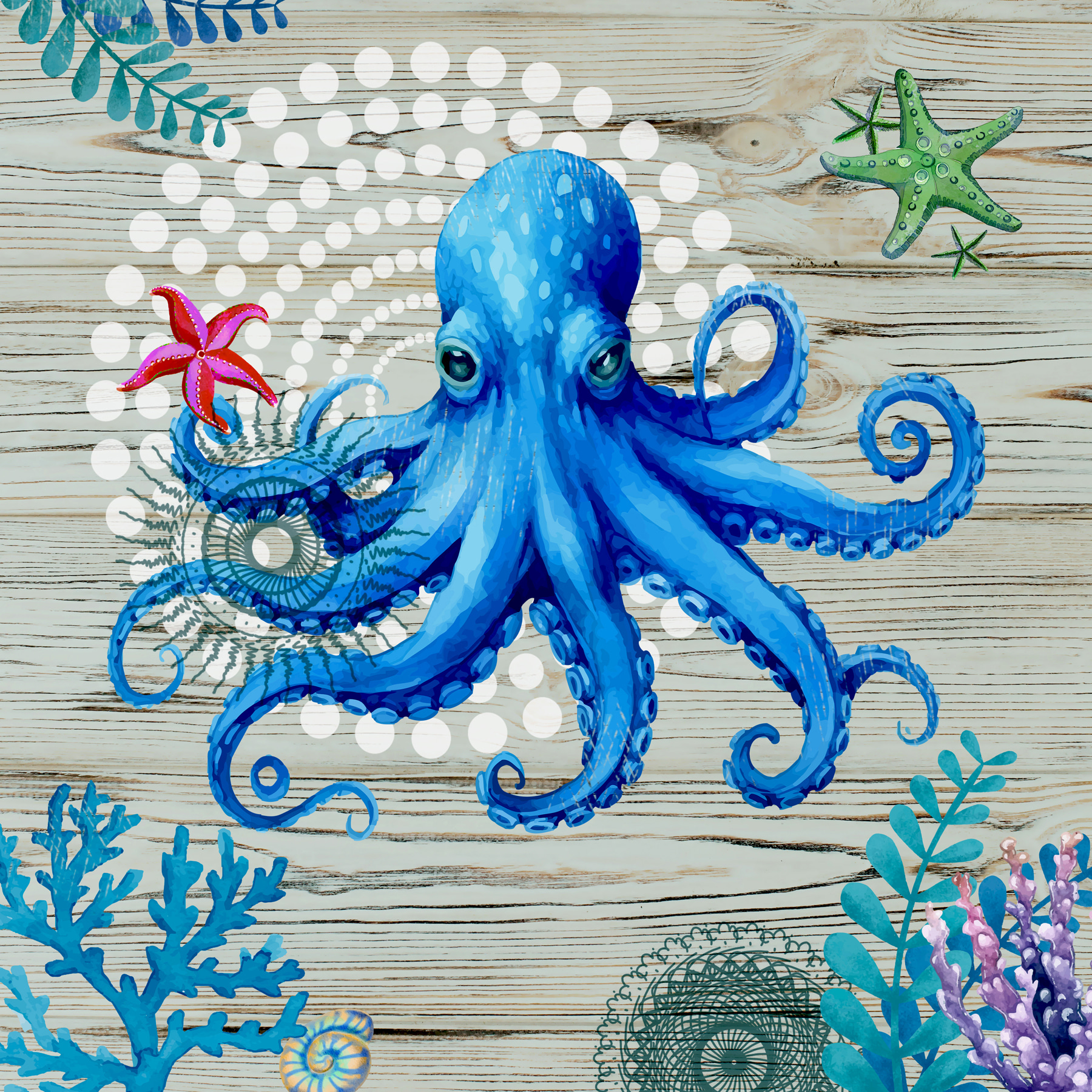A blue octopus with starfish and corals A blue octopus with starfish and corals