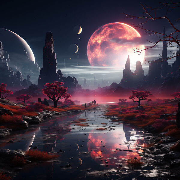 A river with red plants and trees and moon in the sky A river with red plants and trees and moon in the sky