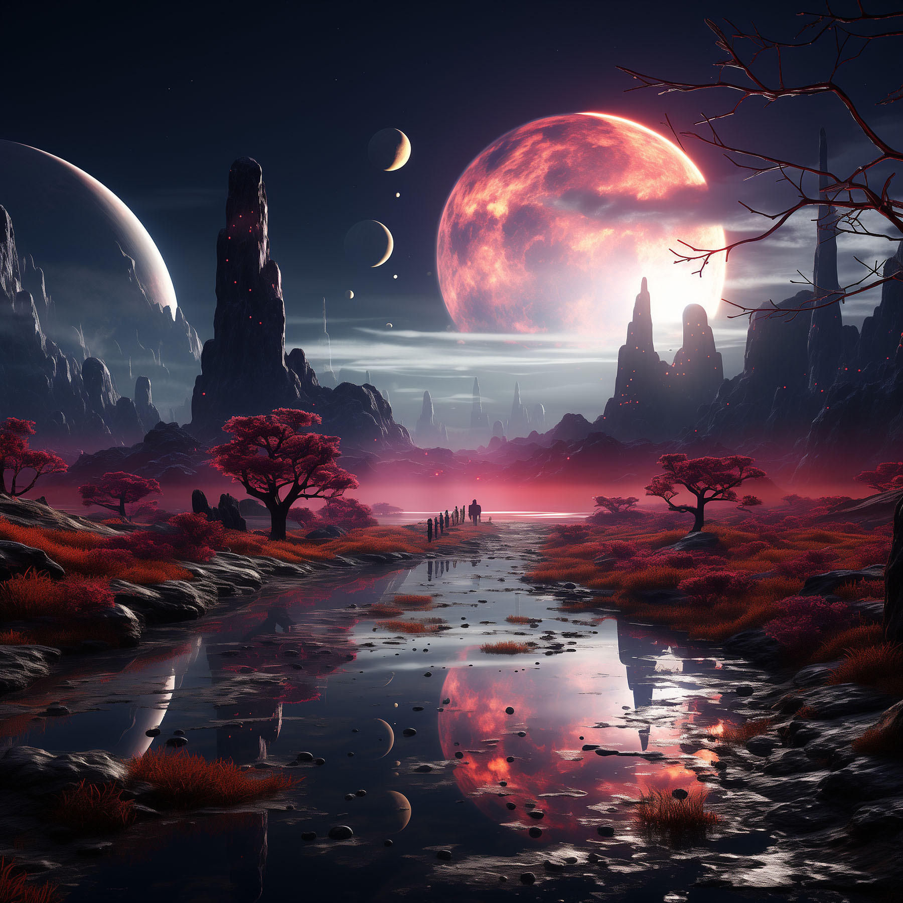 A river with red plants and trees and moon in the sky A river with red plants and trees and moon in the sky