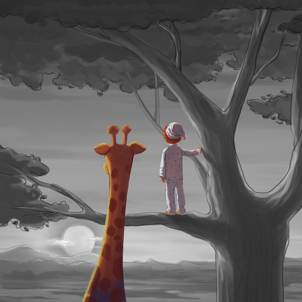 A giraffe and a child standing in a tree A giraffe and a child standing in a tree