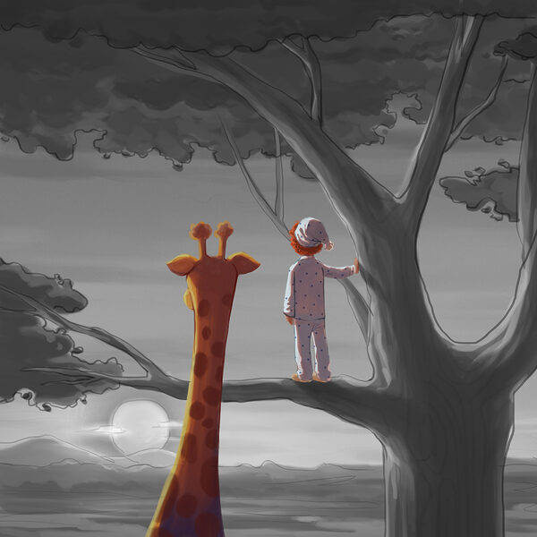 A giraffe and a child standing in a tree A giraffe and a child standing in a tree