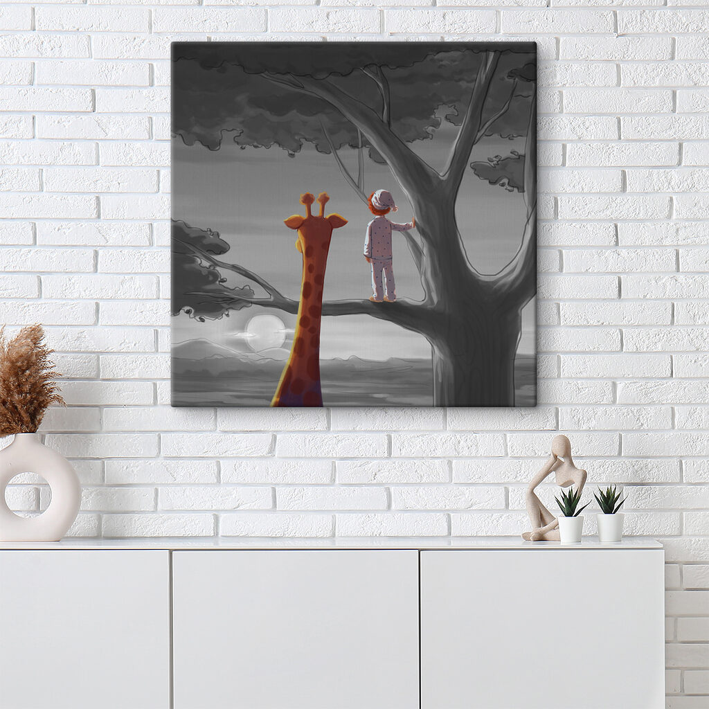 A giraffe and a child standing in a tree A giraffe and a child standing in a tree