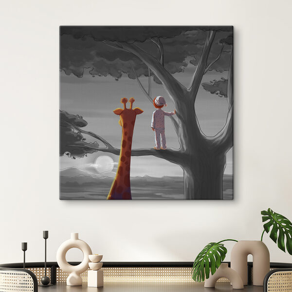 A giraffe and a child standing in a tree A giraffe and a child standing in a tree