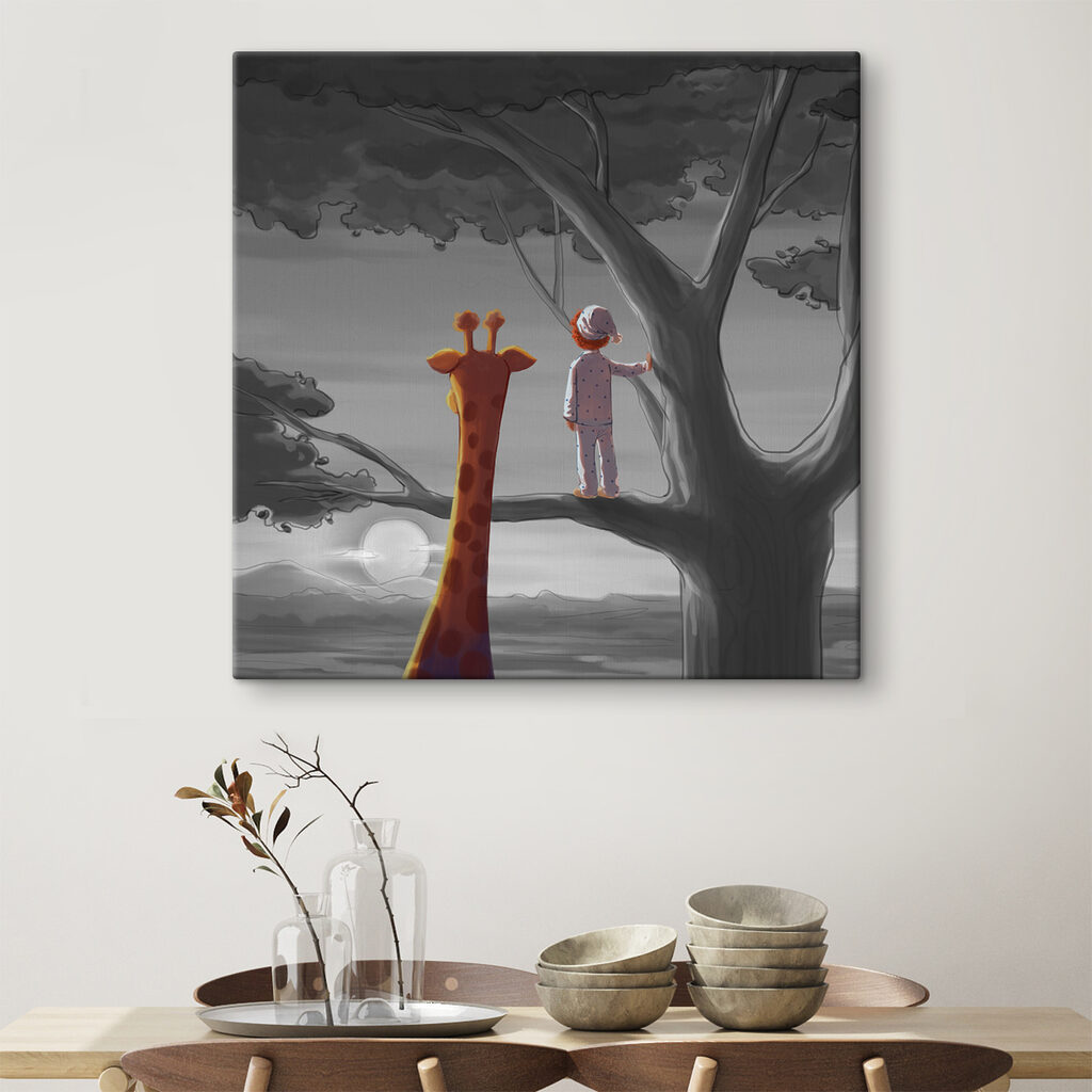 A giraffe and a child standing in a tree A giraffe and a child standing in a tree