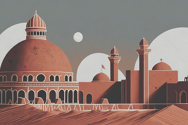 A desert landscape with a building and towers