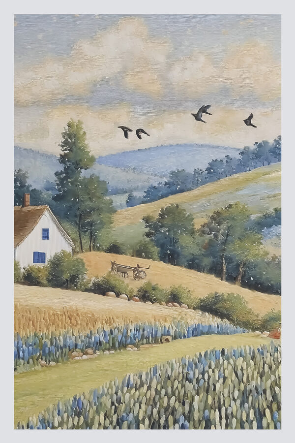 A painting of a house and a field of flowers