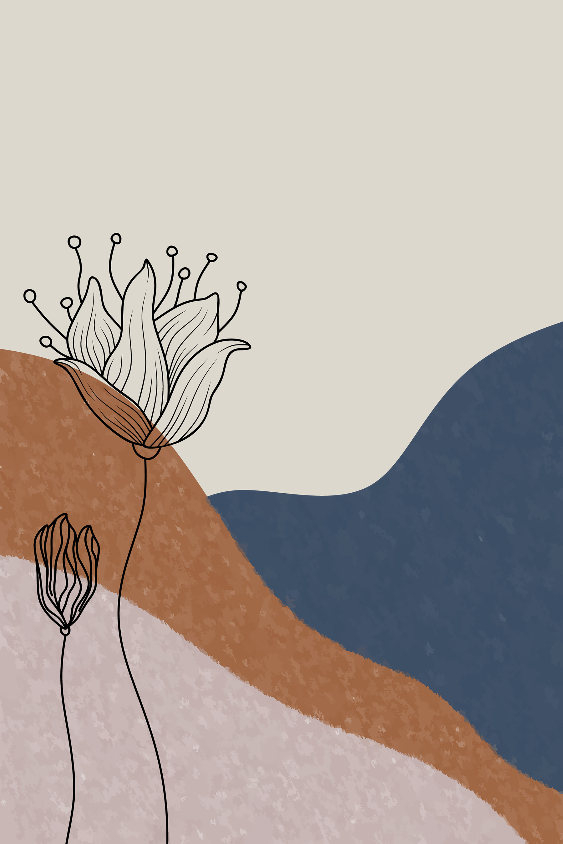 A drawing of flowers on a background of blue and brown hills
