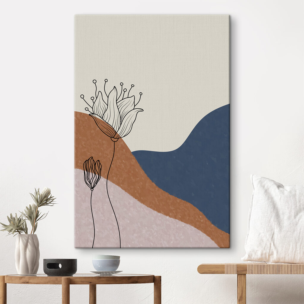 A drawing of flowers on a background of blue and brown hills