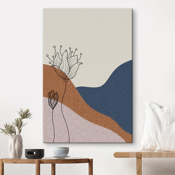 A drawing of flowers on a background of blue and brown hills