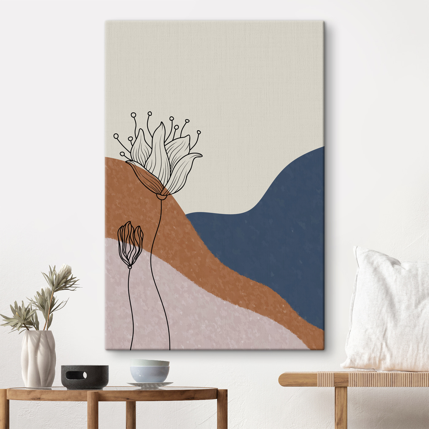 A drawing of flowers on a background of blue and brown hills