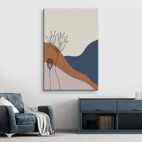 A drawing of flowers on a background of blue and brown hills