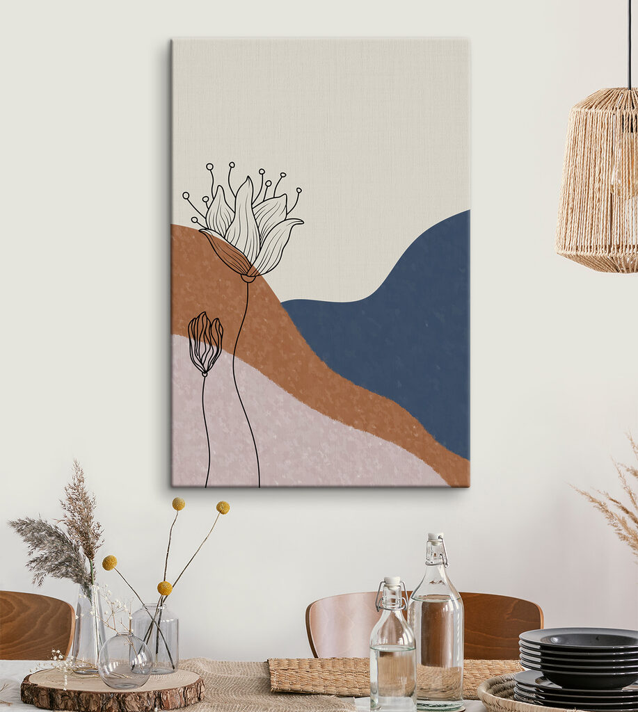 A drawing of flowers on a background of blue and brown hills