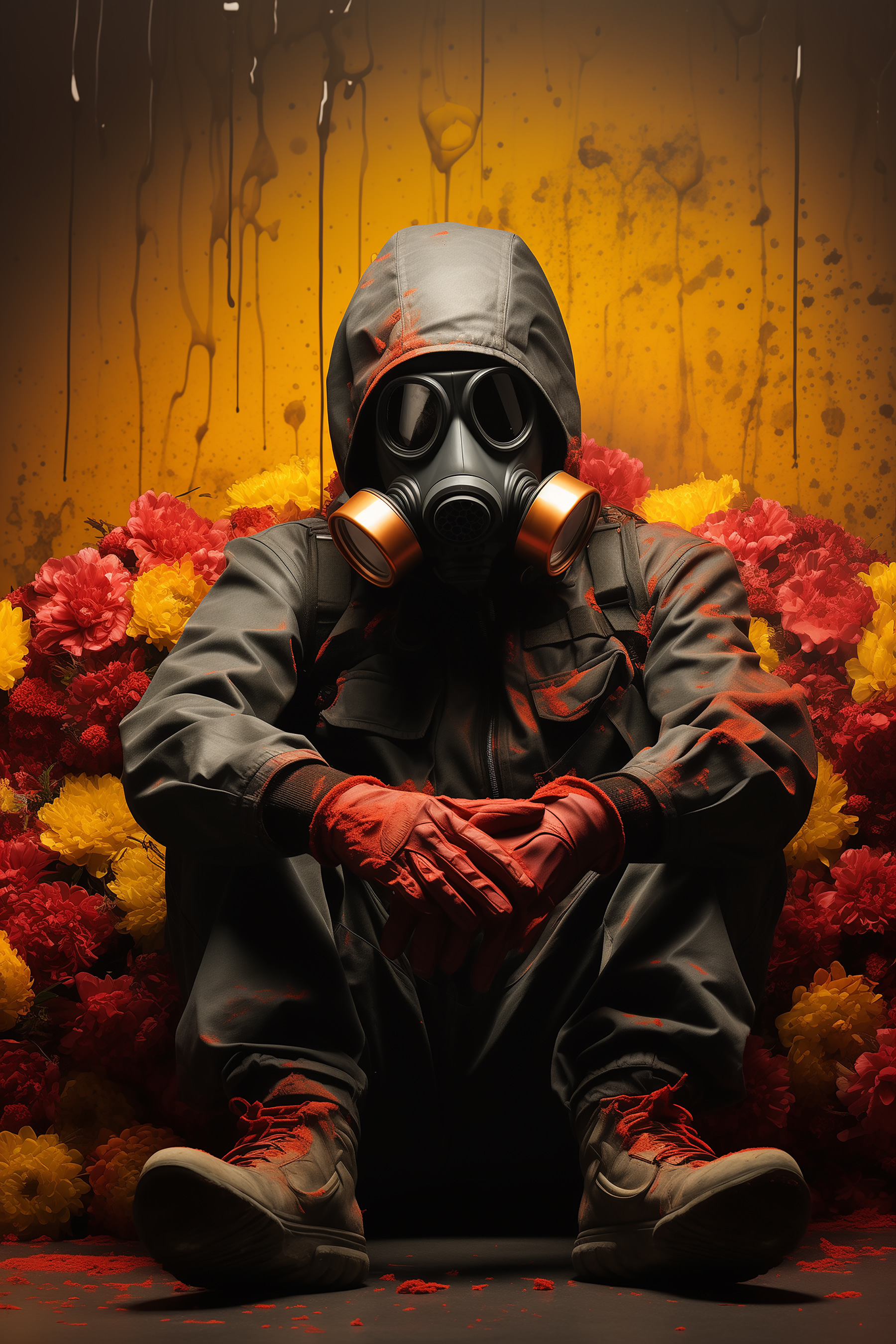 A person wearing a gas mask and gloves sitting in a chair with flowers A person wearing a gas mask and gloves sitting in a chair with flowers