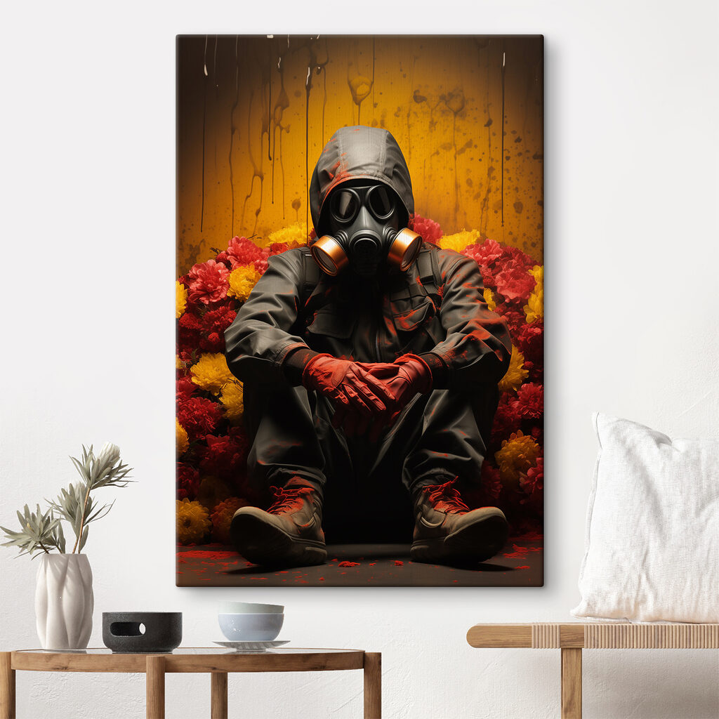 A person wearing a gas mask and gloves sitting in a chair with flowers A person wearing a gas mask and gloves sitting in a chair with flowers