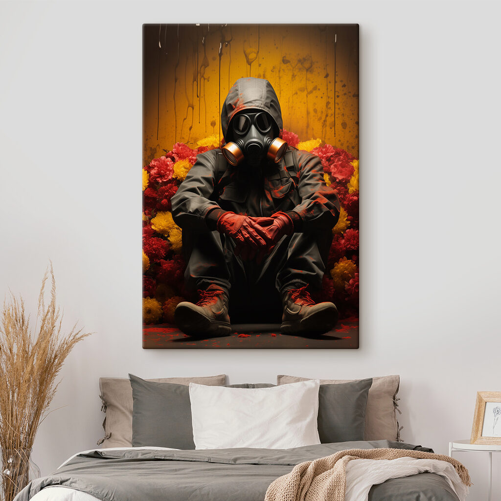 A person wearing a gas mask and gloves sitting in a chair with flowers A person wearing a gas mask and gloves sitting in a chair with flowers