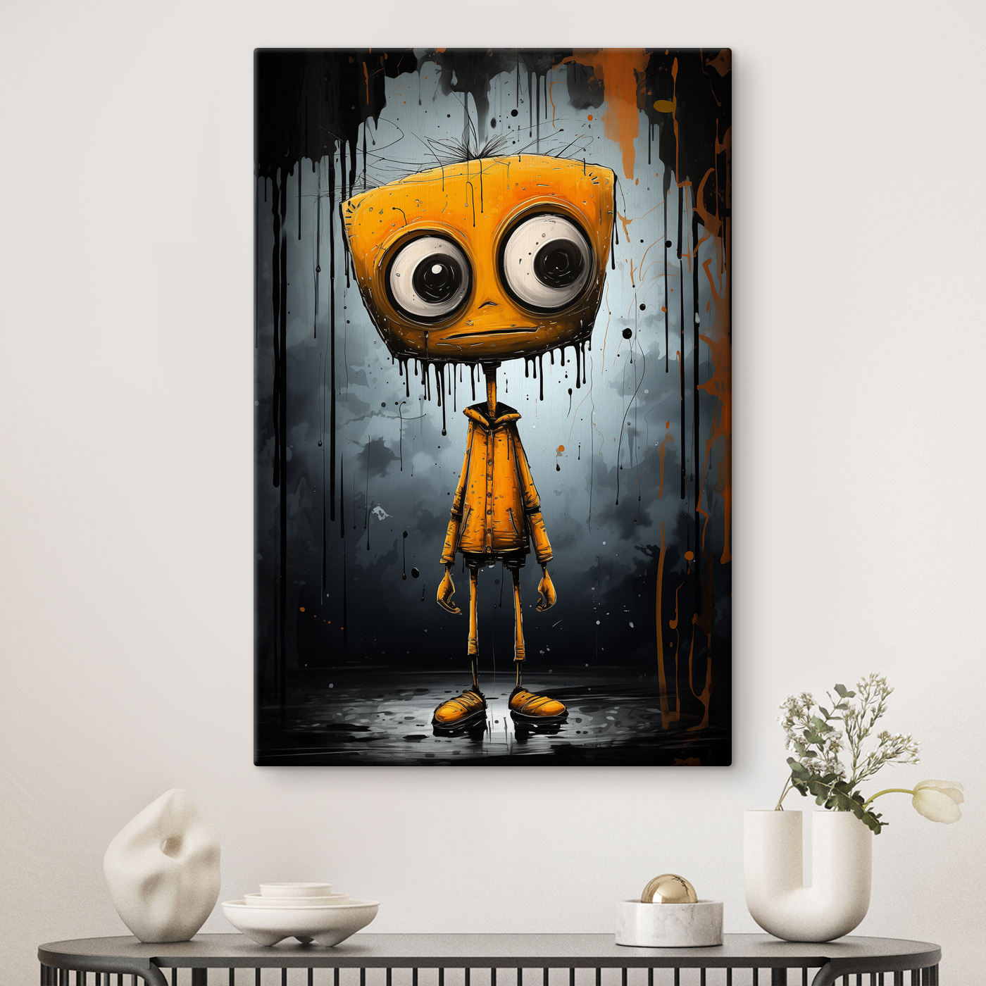 A cartoon character with a square head and large eyes