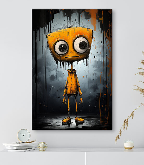 A cartoon character with a square head and large eyes