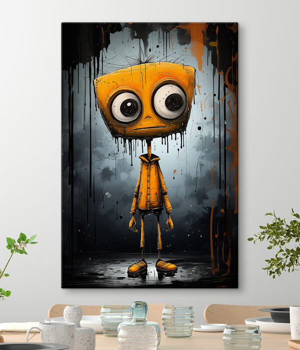 A cartoon character with a square head and large eyes