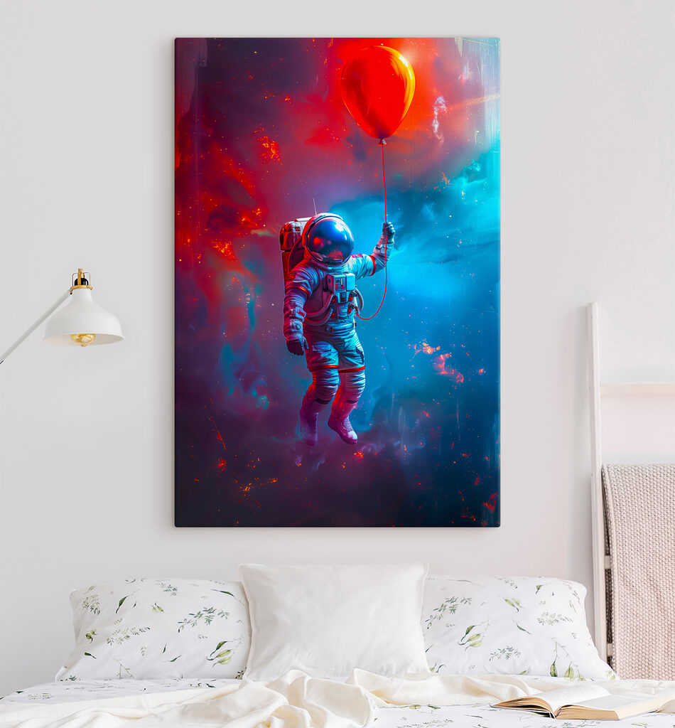 An astronaut holding a red balloon