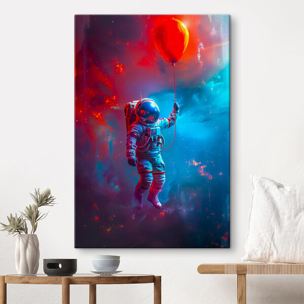 An astronaut holding a red balloon