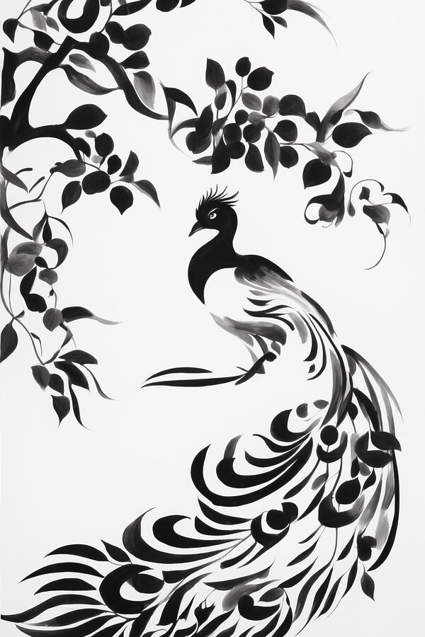 A black and white painting of a bird