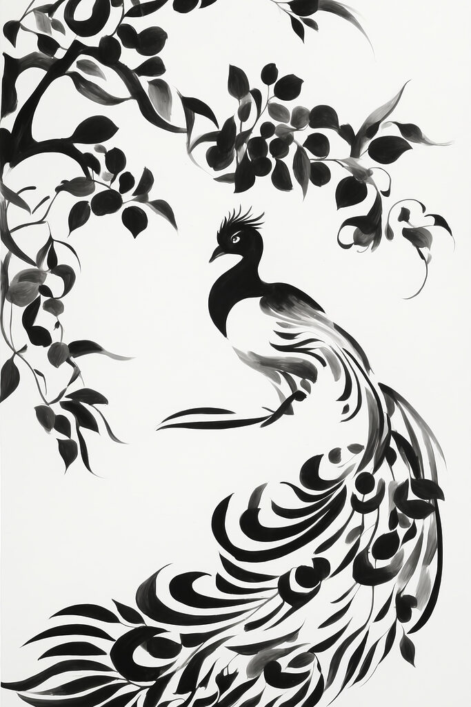 A black and white painting of a bird