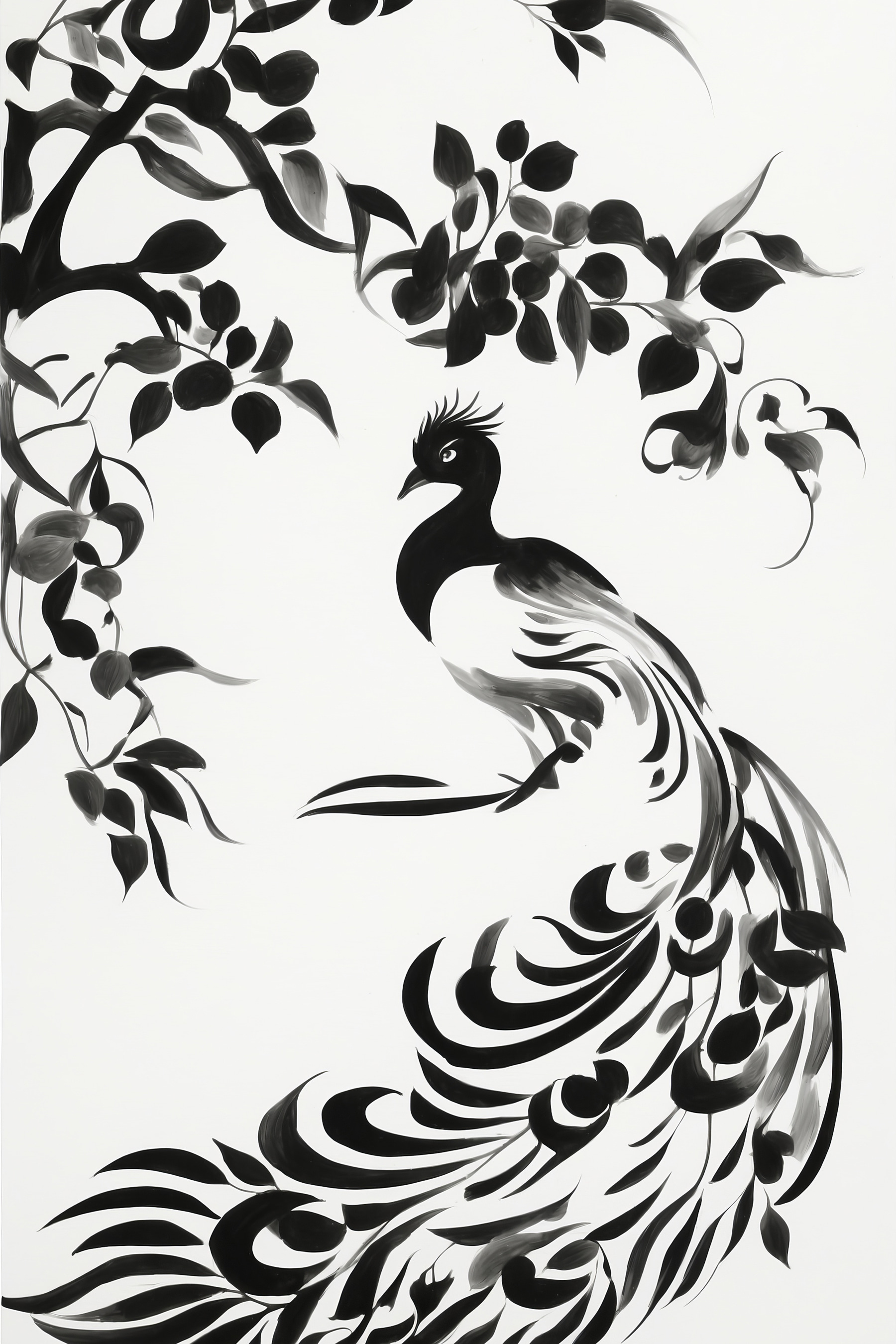 A black and white painting of a bird