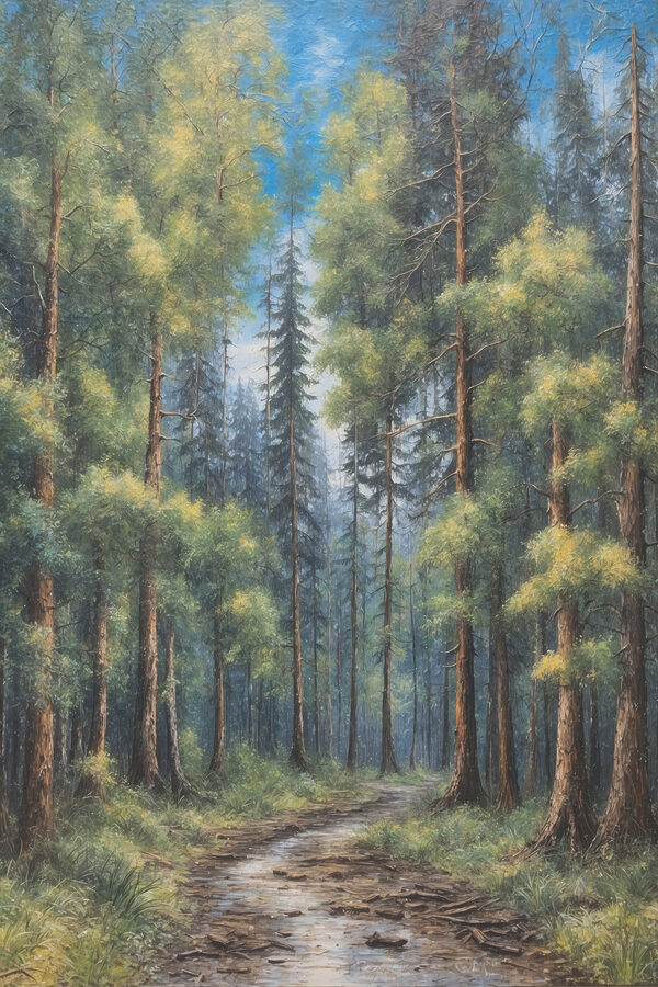 A painting of a forest of trees
